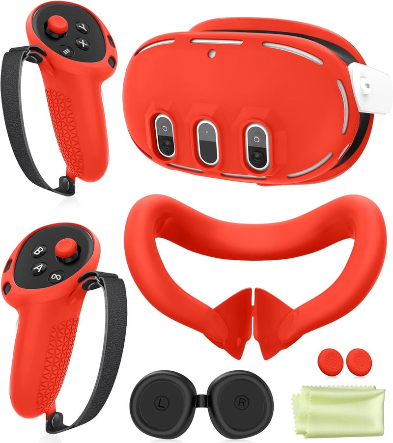 YRXVW مجموعة غطاء سيليكون متوافقة مع ميتا أوكولوس/كويست 3، ملحقات VR غطاء واقي تشمل مقابض التحكم، غطاء رأس أمامي وغطاء وجه، غير متوافق مع كويست 3S (أحمر) - Image 1